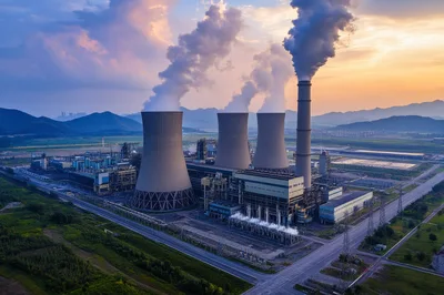 Aerial View of Industrial Power Plant at Sunset