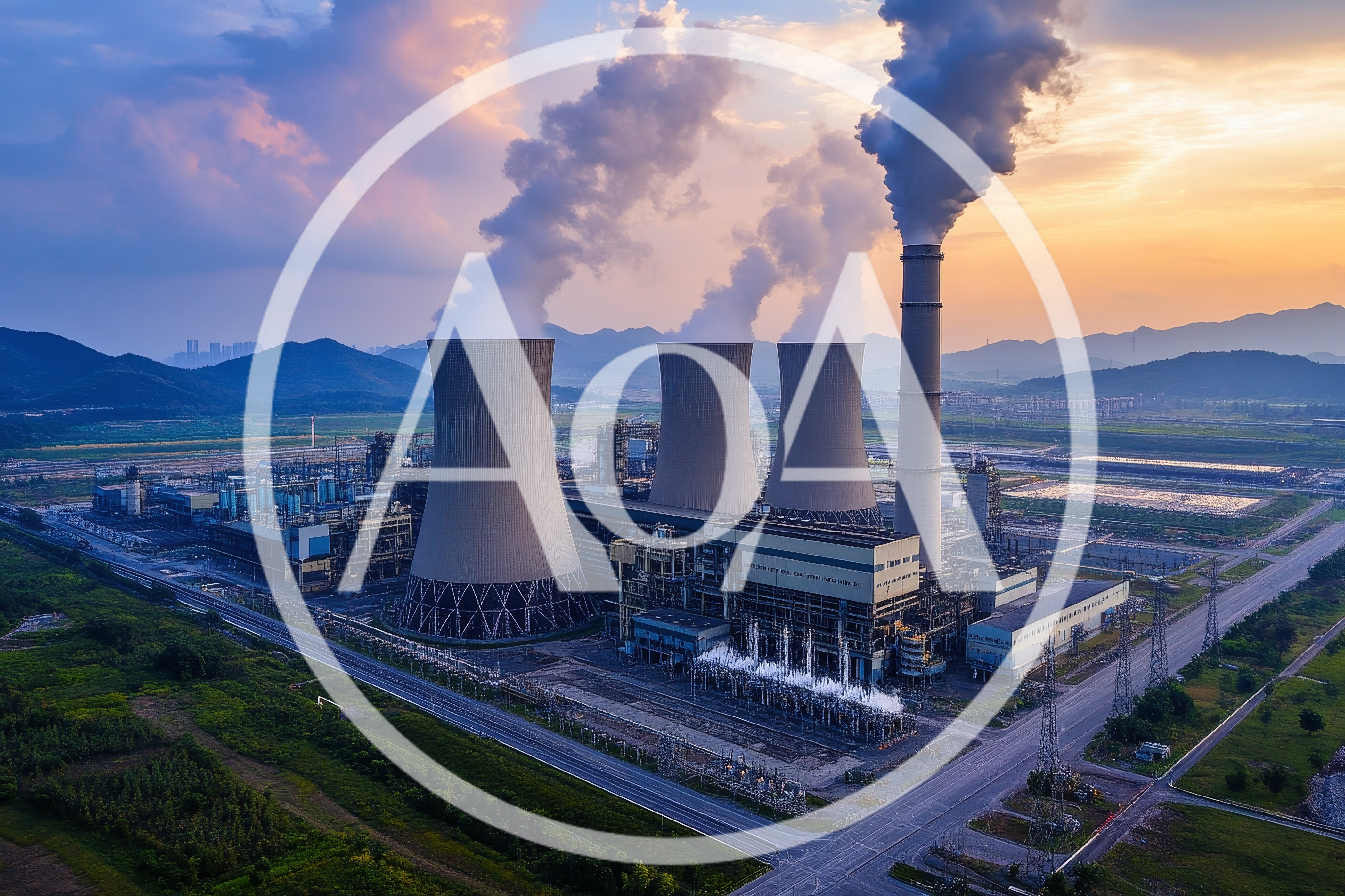 Aerial View of Industrial Power Plant at Sunset