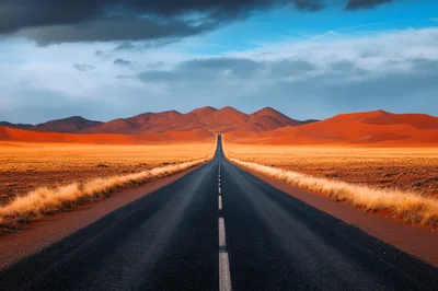 Empty Asphalt Road Through Namib Desert Landscape