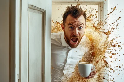 Stressed Man Spilling Coffee Through Doorway
