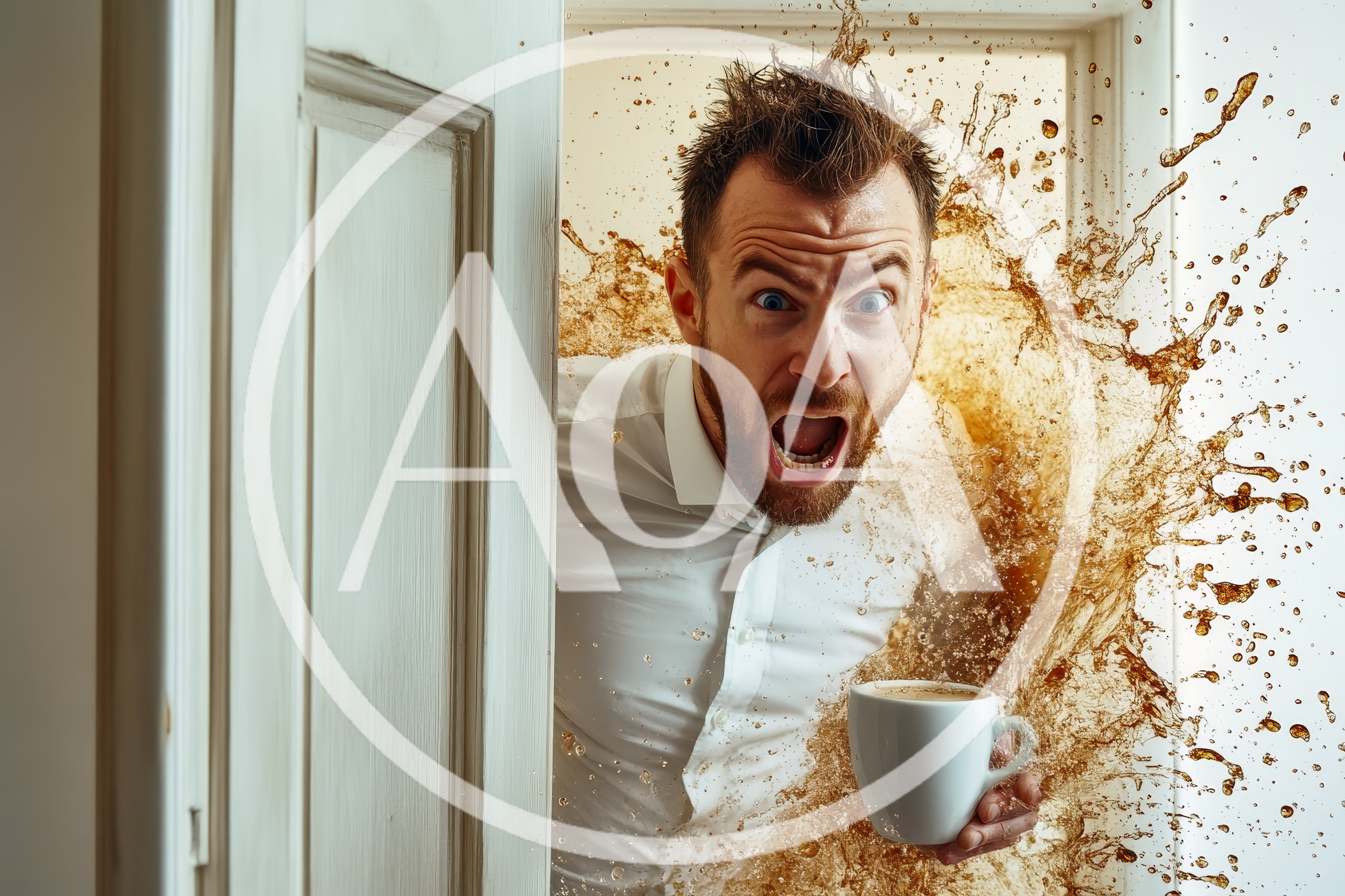 Stressed Man Spilling Coffee Through Doorway