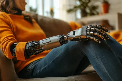 Woman With Robotic Prosthetic Arm Resting On Sofa