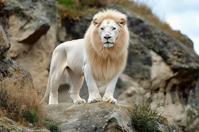 Majestic White Lion Standing On A Rocky Outcrop