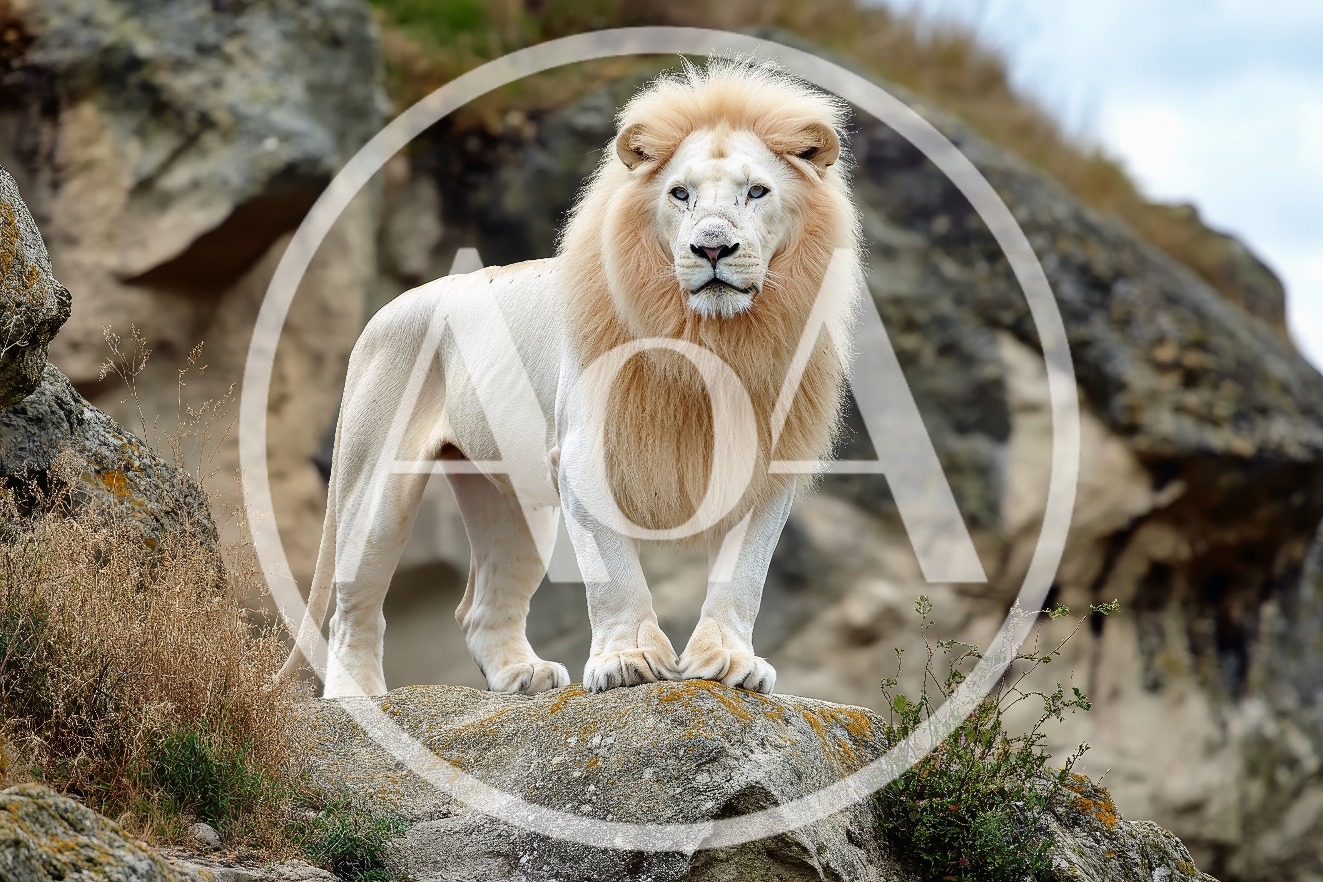 Majestic White Lion Standing On A Rocky Outcrop