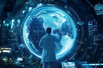 Scientist Interacting With A Digital Holographic Earth Globe