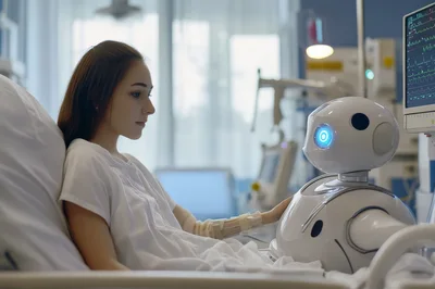 Young Patient Interacting With Medical Robot In Hospital