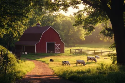Cows Grazing In A Sunny Meadow Near A Red Barn