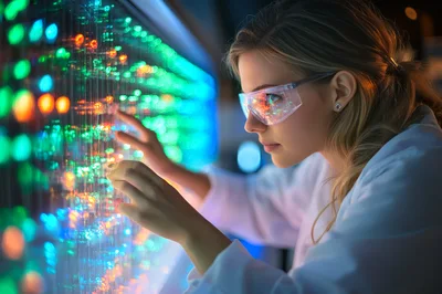 Female Scientist Interacting With Holographic Data Interface
