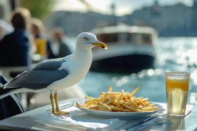 Seagull Standing On A Table Near French Fries