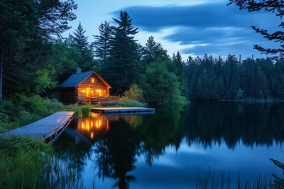 Cozy Log Cabin By A Calm Forest Lake At Twilight