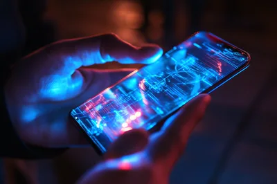 Person Holding Smartphone With Glowing Digital Interface