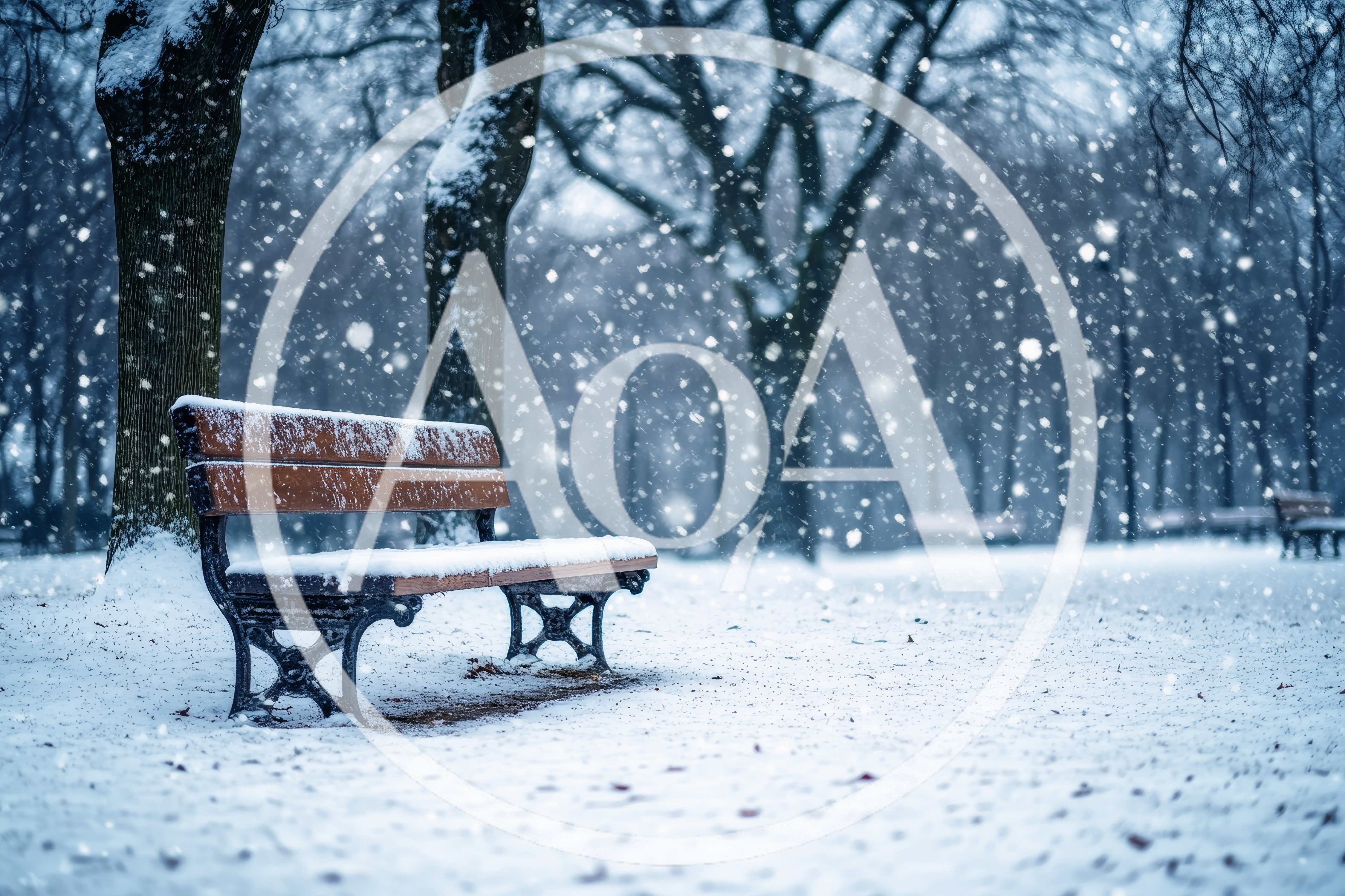 Empty Wooden Park Bench During A Winter Snowfall