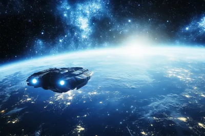 Futuristic Spaceship Orbiting A Glowing Blue Planet