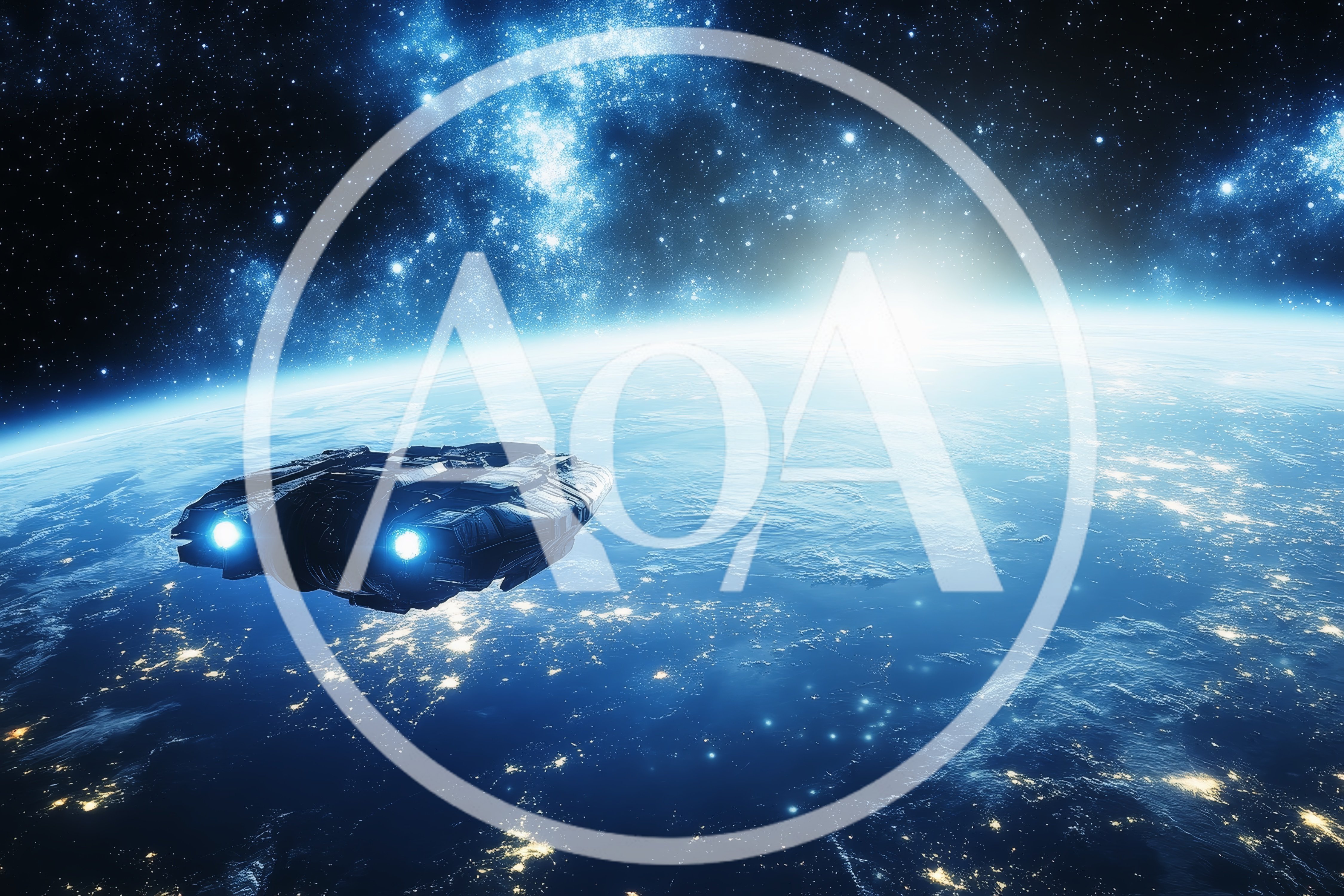 Futuristic Spaceship Orbiting A Glowing Blue Planet