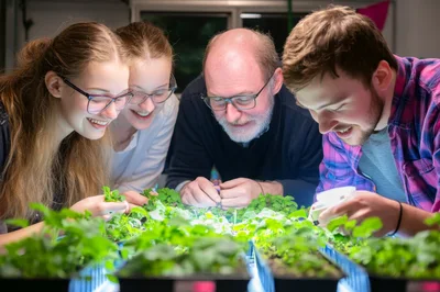 Diverse Group Examining Seedlings In Indoor Laboratory