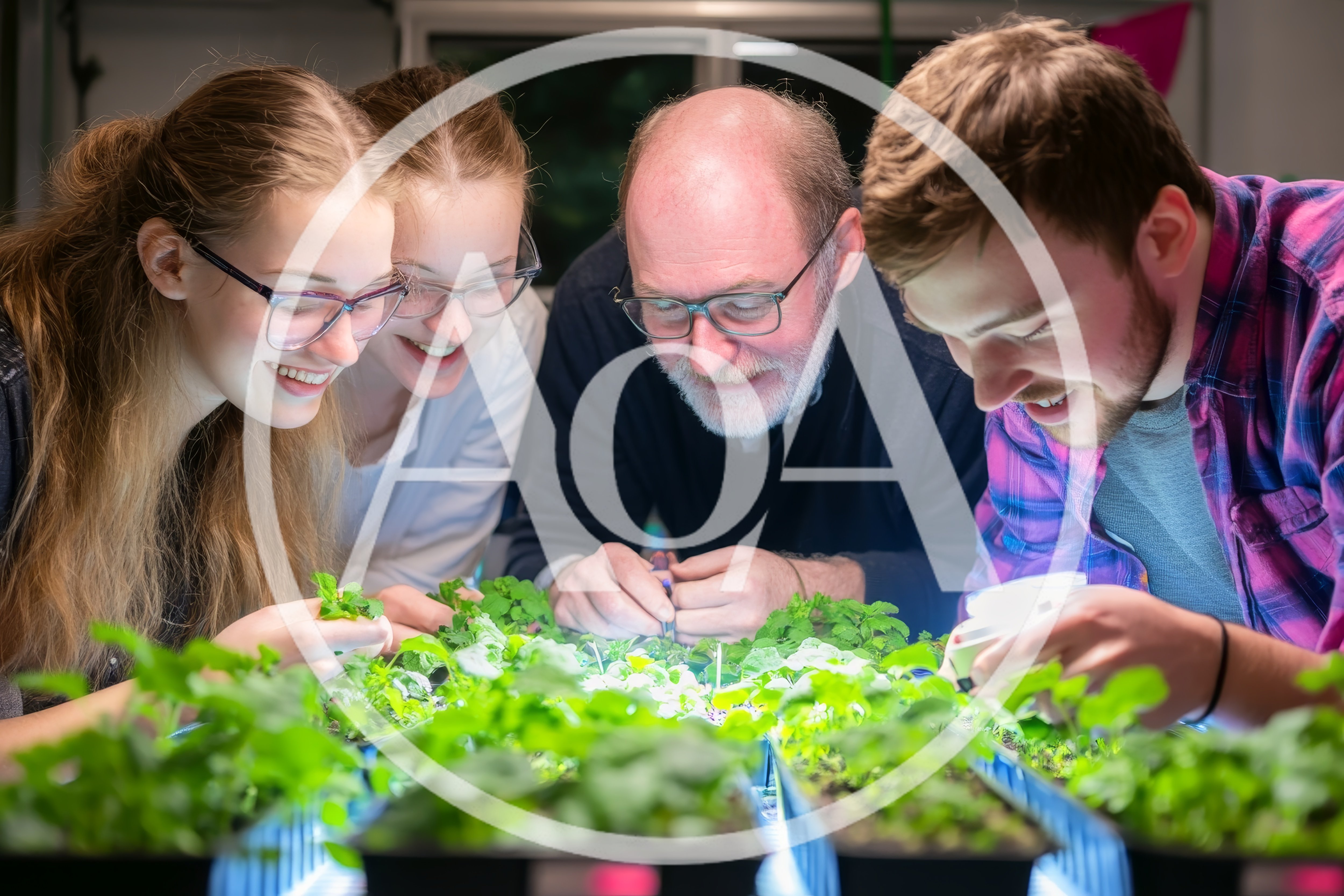 Diverse Group Examining Seedlings In Indoor Laboratory