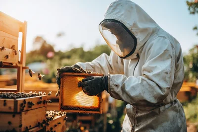 Beekeeper Inspecting Honeycomb Frame In Apiary