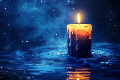 Lit Candle Floating On Dark Blue Water