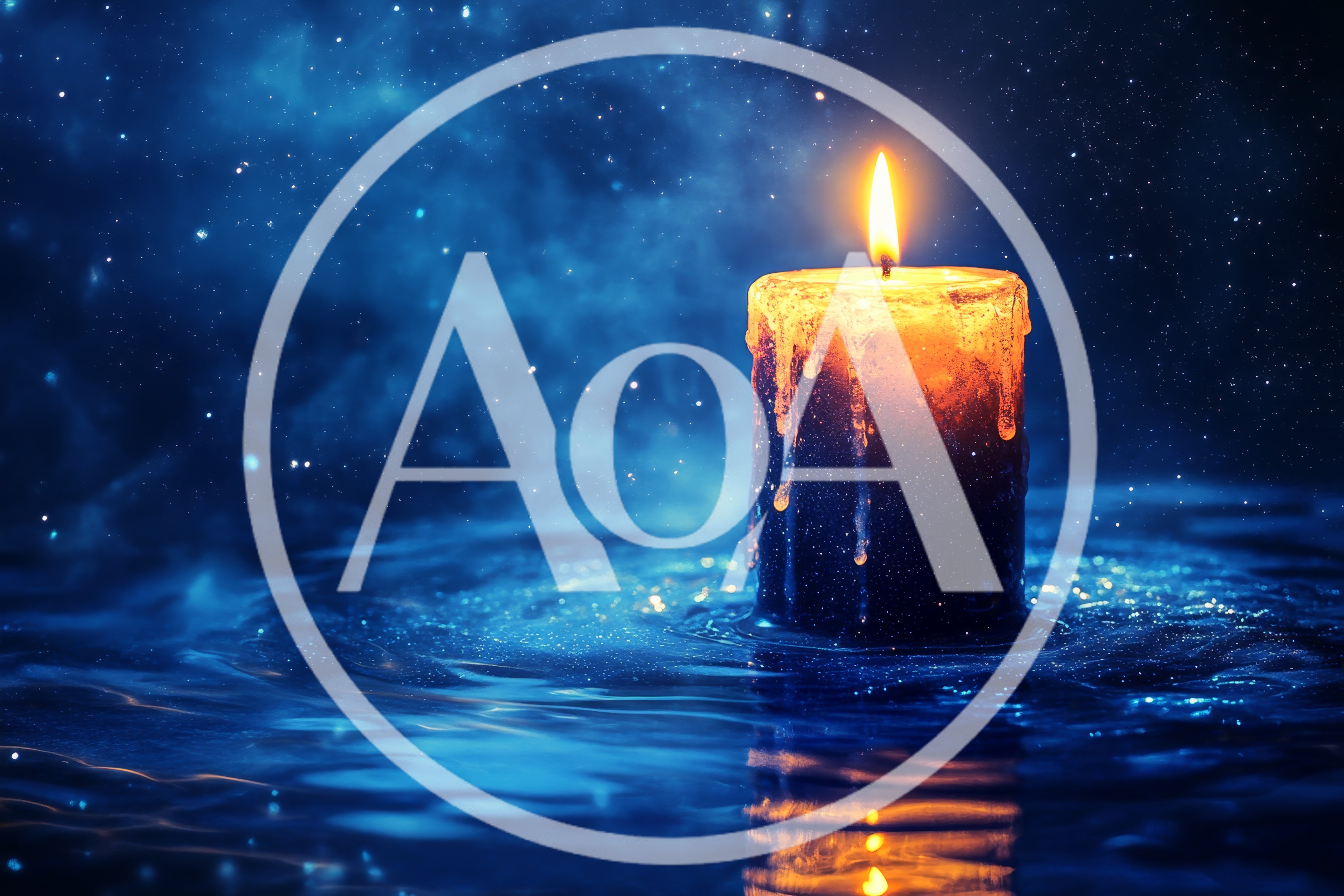 Lit Candle Floating On Dark Blue Water