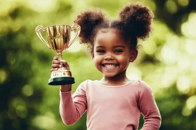 Happy Young Girl Holding A Golden Trophy