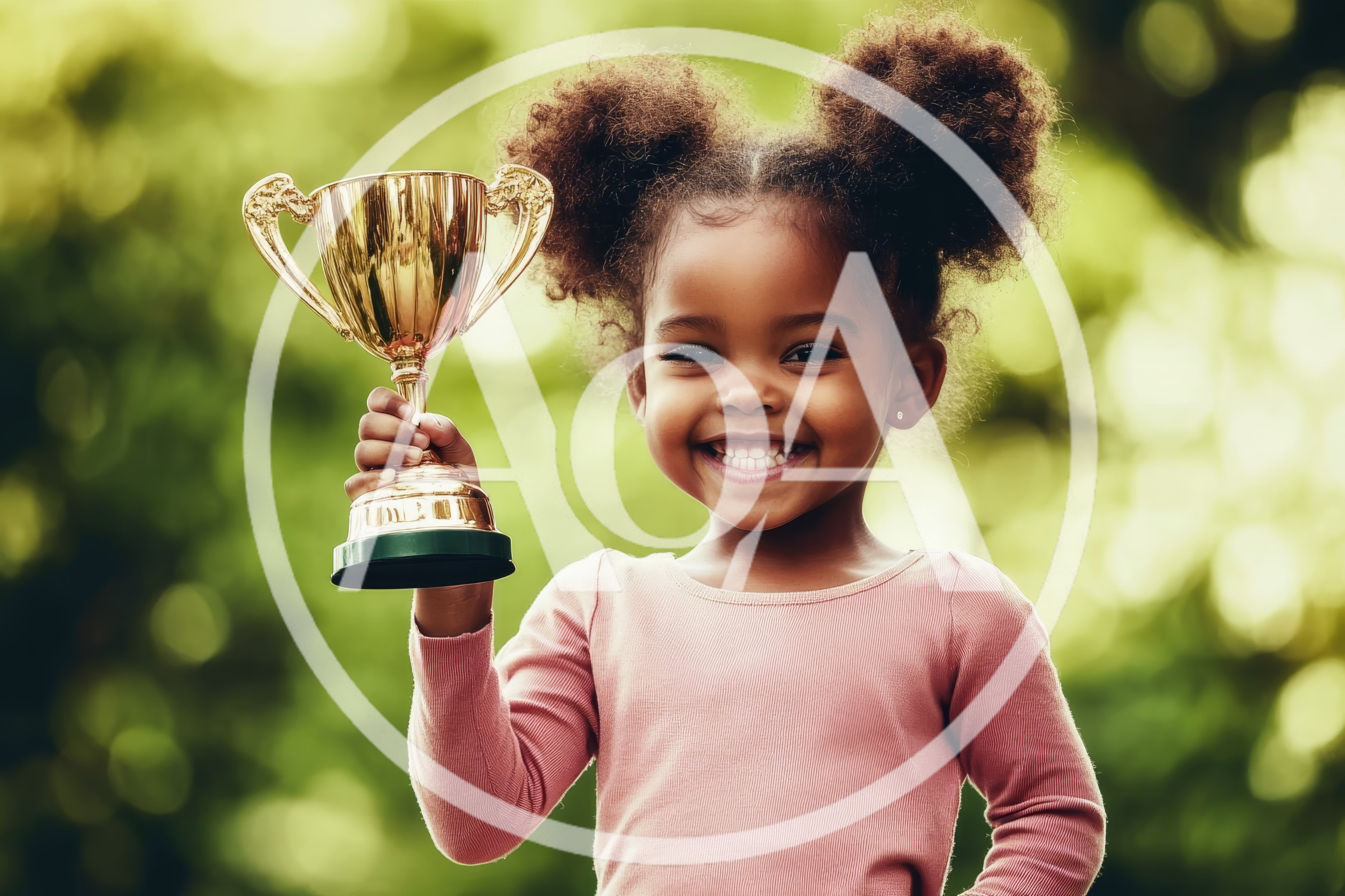 Happy Young Girl Holding A Golden Trophy