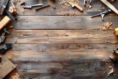Woodworking Tools Arranged On A Rustic Wooden Workbench