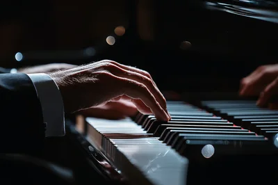 Close Up Of Pianist Hands Playing Grand Piano