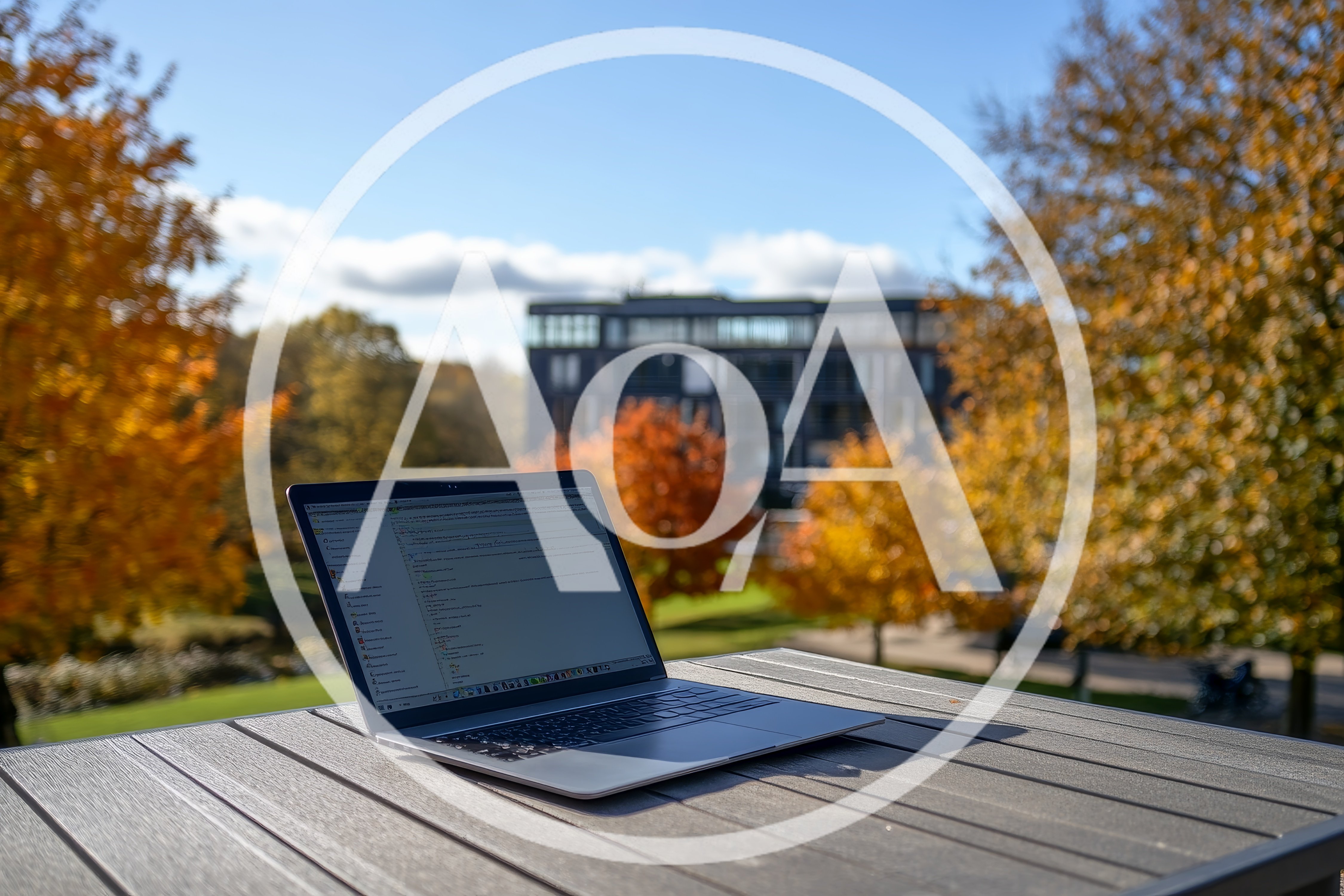 Laptop Computer Open On Outdoor Table In Autumn