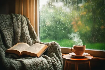 Cozy Reading Nook With Steaming Coffee By Rainy Window