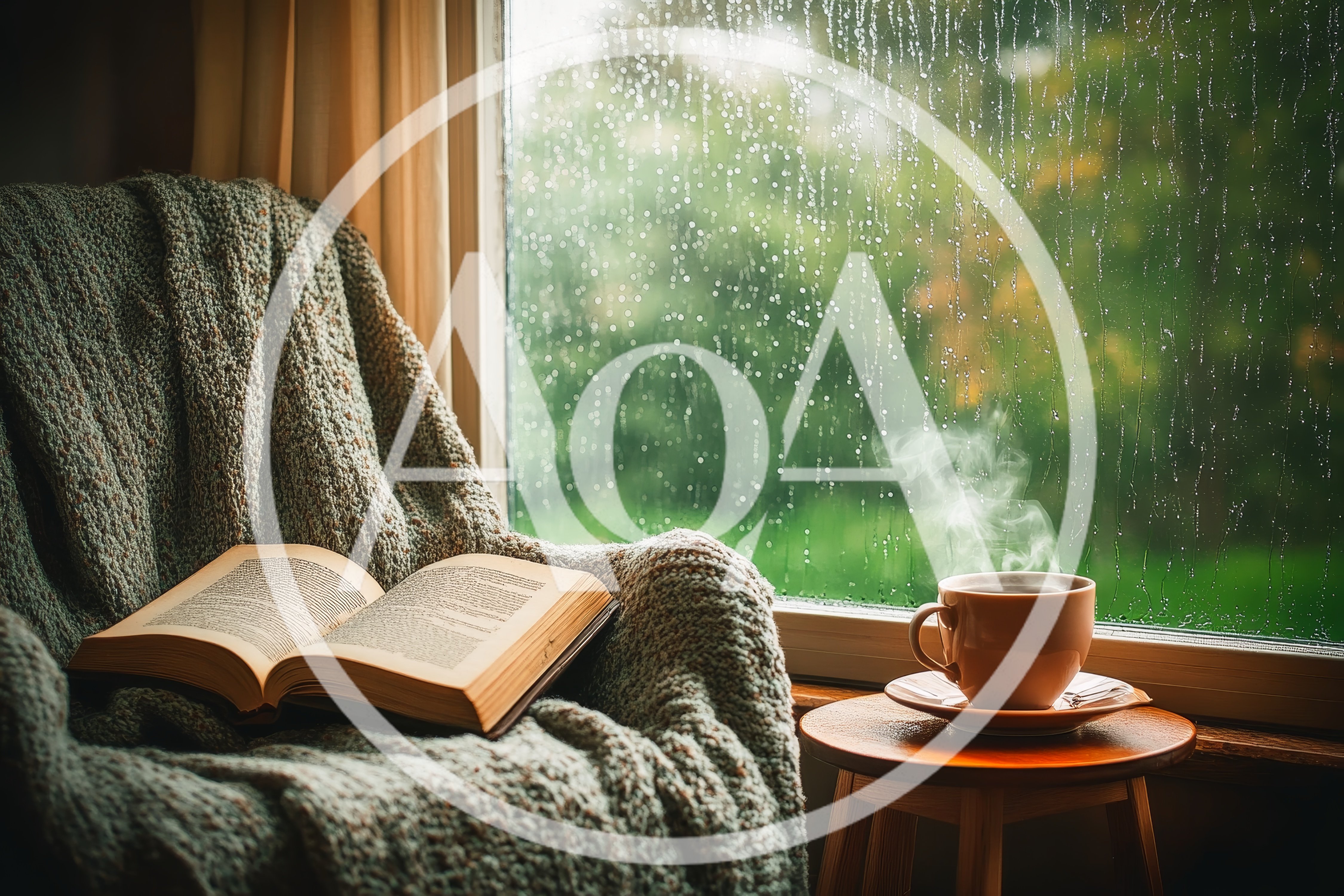 Cozy Reading Nook With Steaming Coffee By Rainy Window