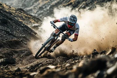 Mountain Biker Drifting Through Dusty Trail Corner