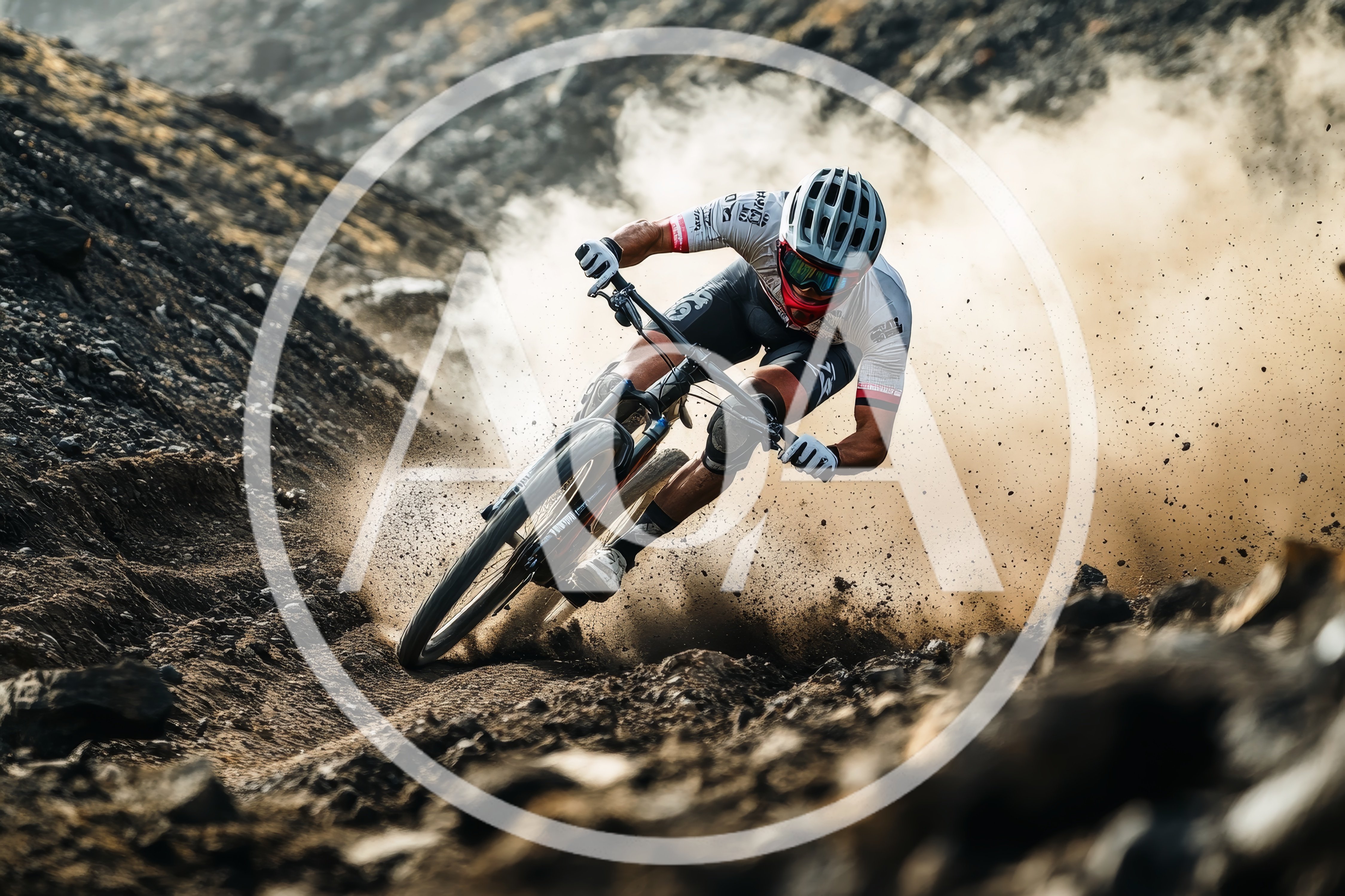Mountain Biker Drifting Through Dusty Trail Corner