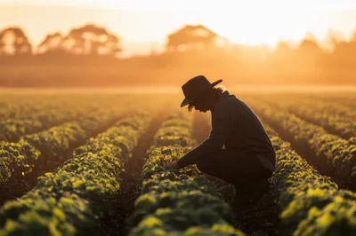 Farmer Inspecting Crops In Field At Sunset