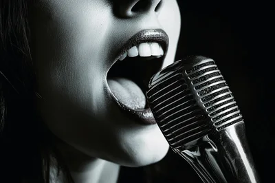 Close Up Of A Woman Singing Into A Vintage Microphone