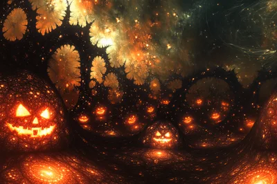 Surreal Fractal Halloween Landscape With Glowing Jack O Lanterns