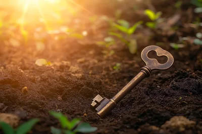 Antique Skeleton Key Resting In Dark Garden Soil
