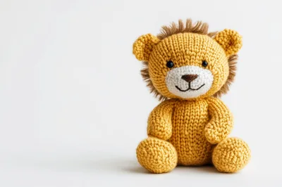 Knitted Lion Stuffed Toy On White Background