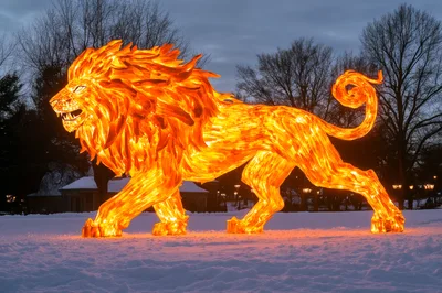 Glowing Lion Lantern Sculpture In Snowy Park