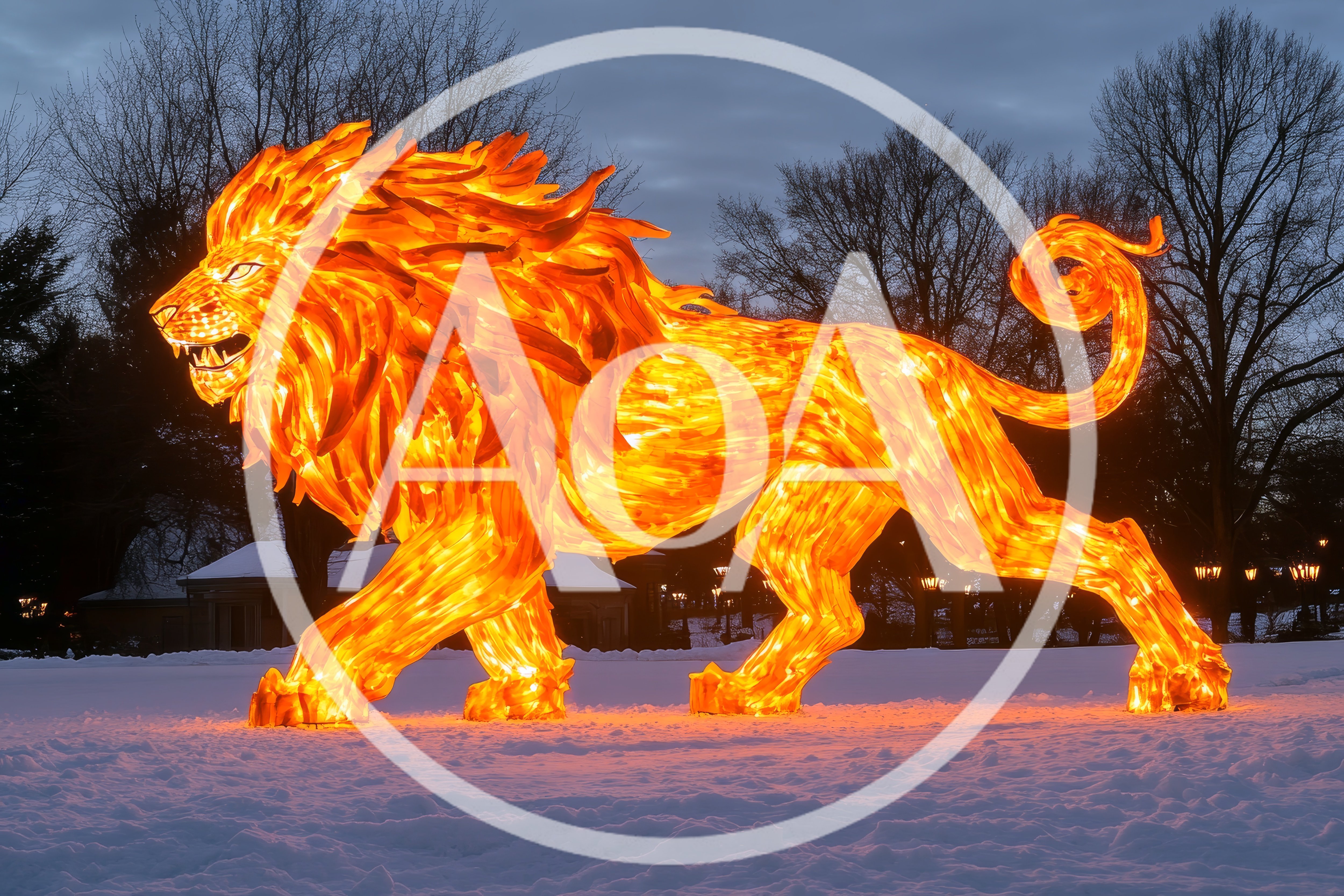 Glowing Lion Lantern Sculpture In Snowy Park