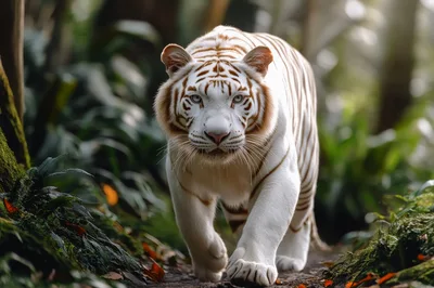 Majestic White Tiger Walking Through Lush Tropical Forest