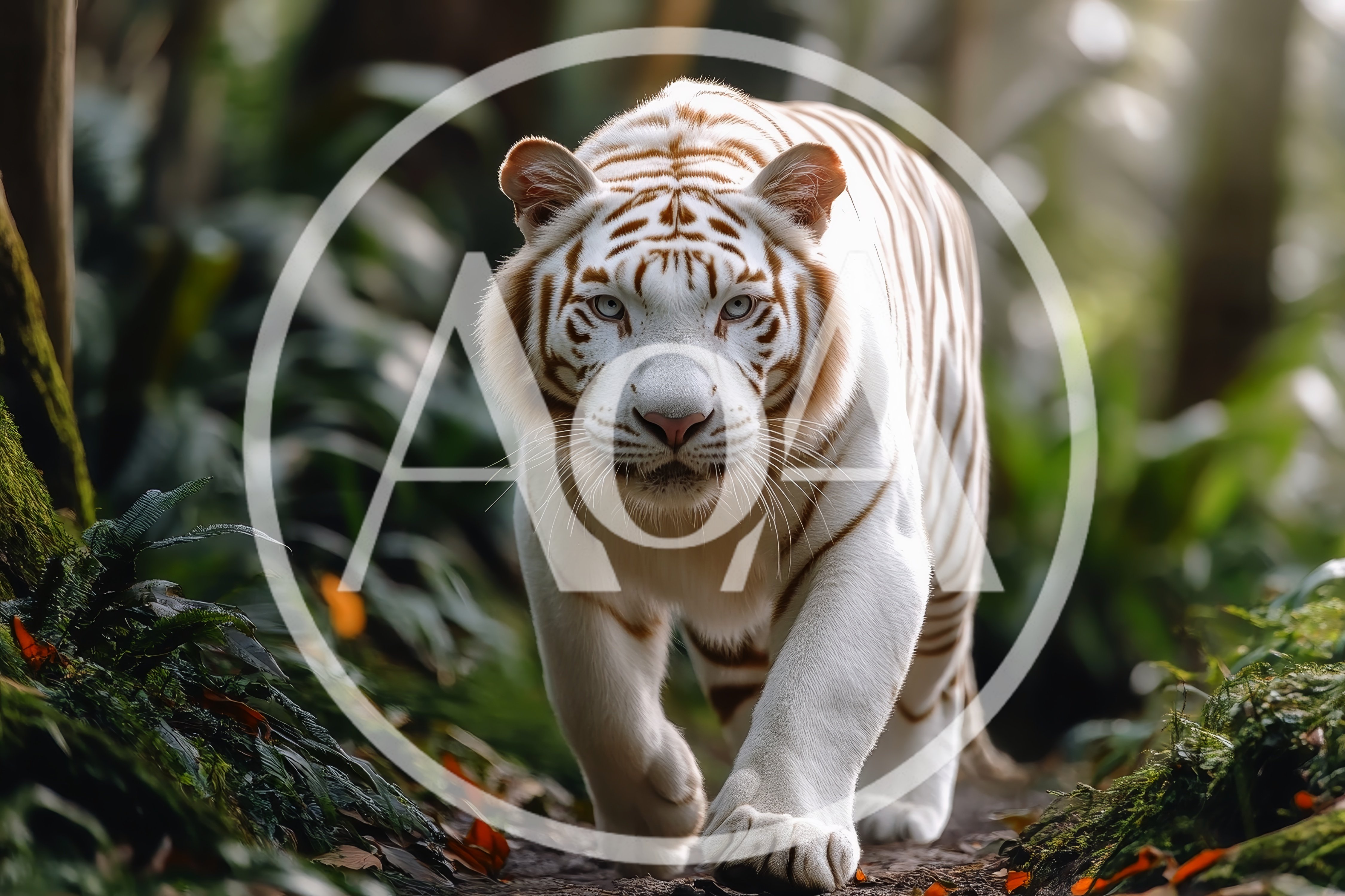 Majestic White Tiger Walking Through Lush Tropical Forest