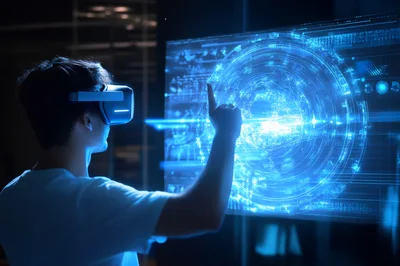 Young Man Interacting With Holographic Virtual Reality Interface