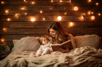 Mother Reading Bedtime Story To Toddler Daughter