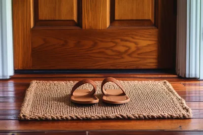 Pair of Brown Leather Sandals on a Woven Doormat