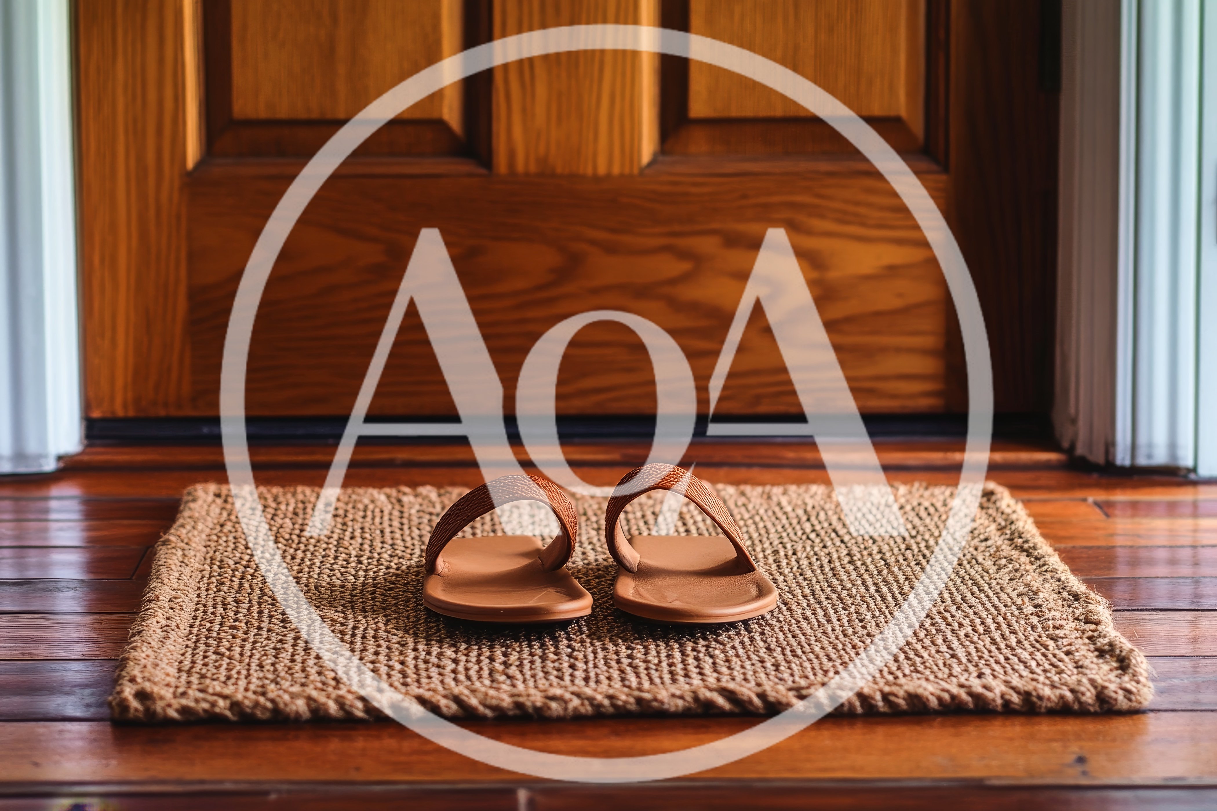 Pair of Brown Leather Sandals on a Woven Doormat