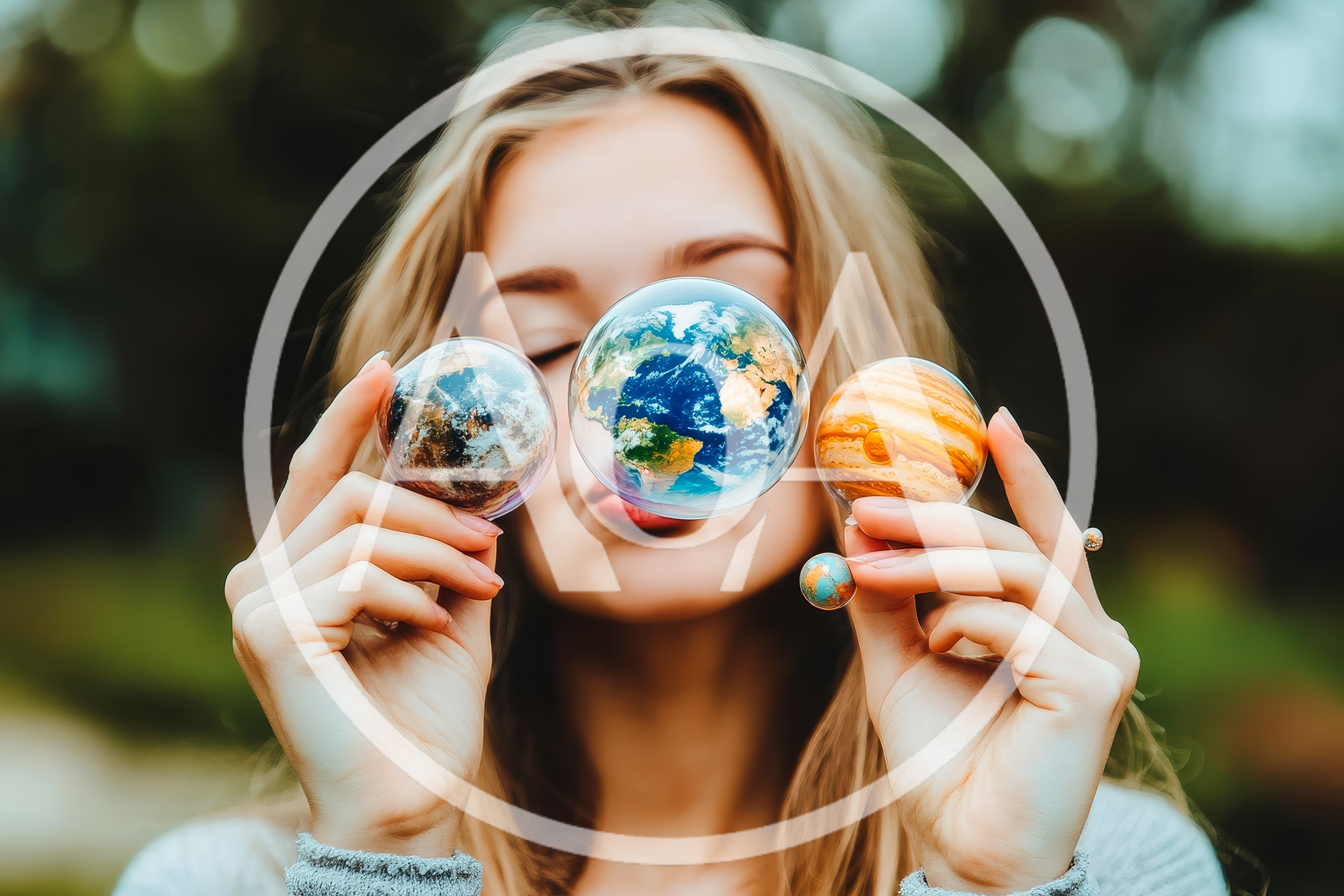 Young Woman Holding Miniature Planet Orbs
