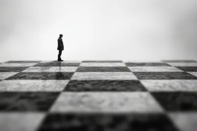Lone Man Standing On A Giant Chessboard