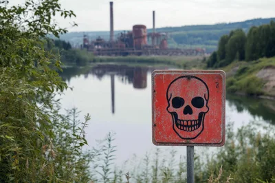 Warning Sign With Skull Symbol Near Abandoned Industrial Plant