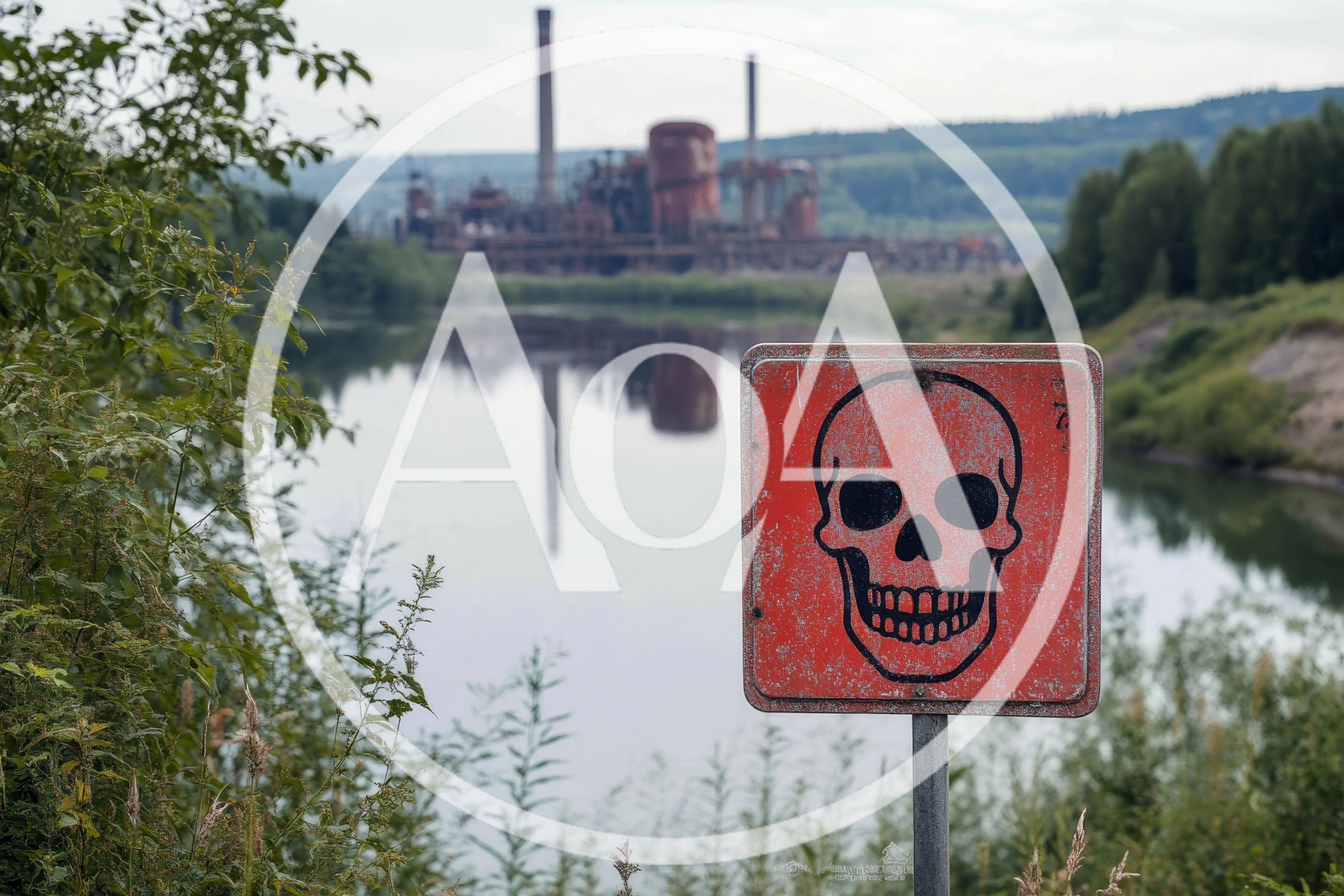 Warning Sign With Skull Symbol Near Abandoned Industrial Plant