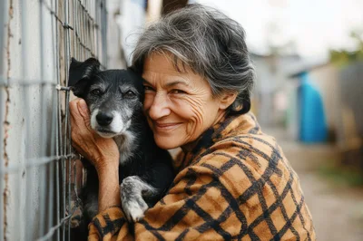Elderly Woman Embracing Her Dog At A Shelter